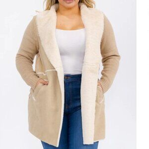 OnTwelfth Women’s Plus Size Open Front Faux Suede & Sherpa Lined Coat – Beige